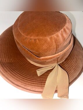 Vintage 1960s caramel  Velvet Wide-Brim Hat with Ribbon by Mr. John